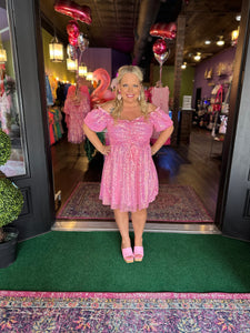 Pink Flower Sequin smocked back Mini Dress