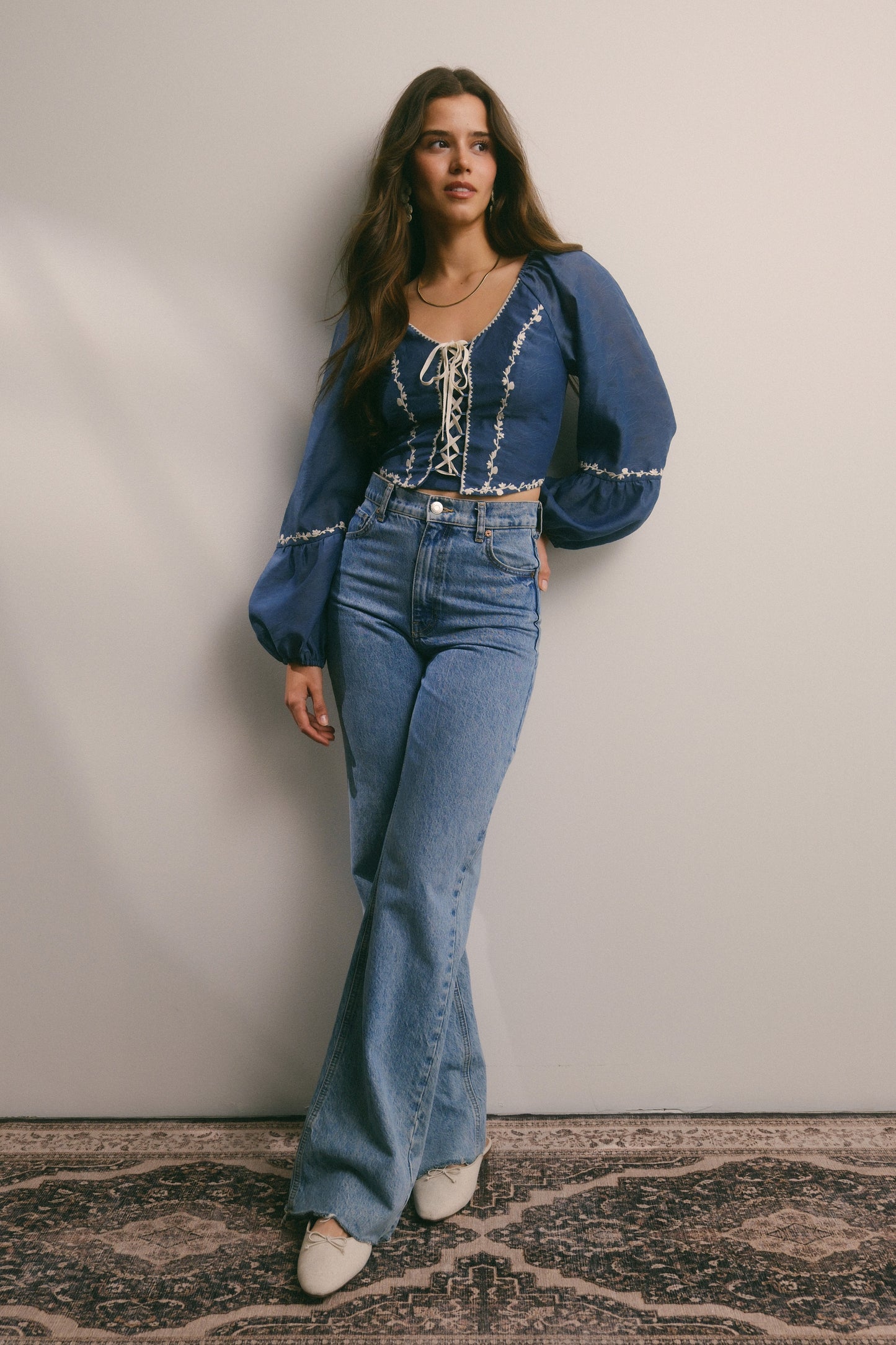 Denim Blue Lace-Up Embroidered Puff Sleeve Top