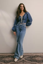 Load image into Gallery viewer, Denim Blue Lace-Up Embroidered Puff Sleeve Top
